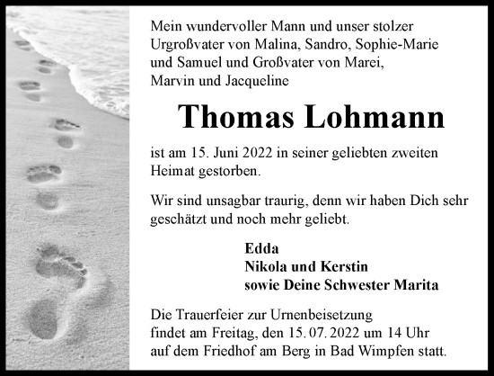 Traueranzeige von Thomas Lohmann von GESAMT