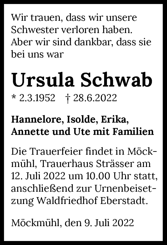 Traueranzeige von Ursula Schwab von GESAMT