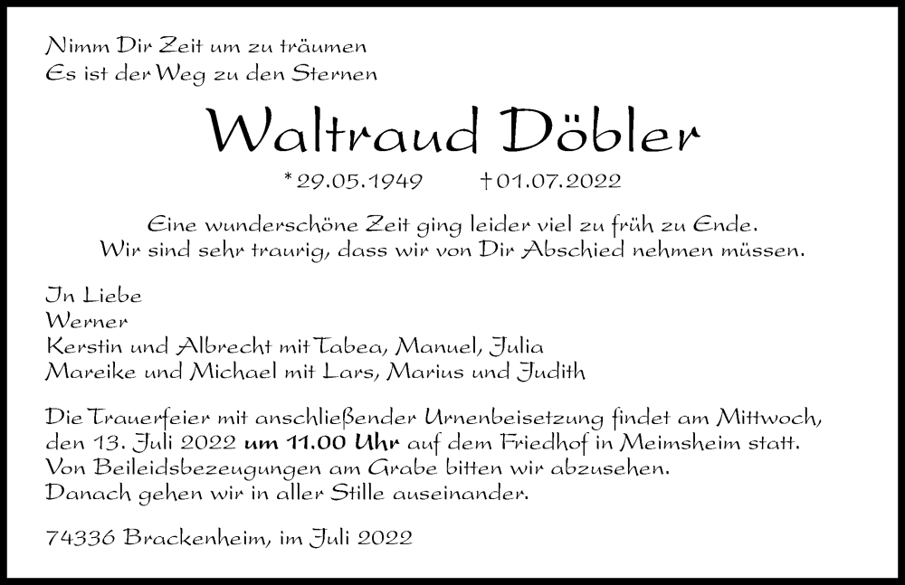  Traueranzeige für Waltraut Döbler vom 09.07.2022 aus GESAMT