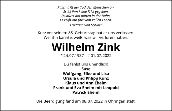 Traueranzeige von Wilhelm Zink von GESAMT