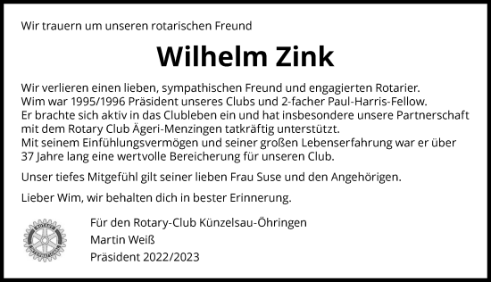 Traueranzeige von Wilhelm Zink von GESAMT