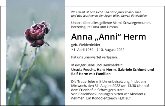 Traueranzeige von Anna Herm von GESAMT