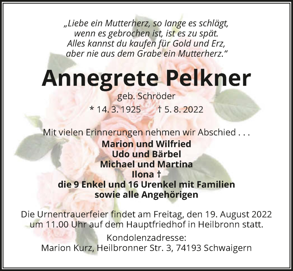  Traueranzeige für Annegrete Pelkner vom 15.08.2022 aus GESAMT