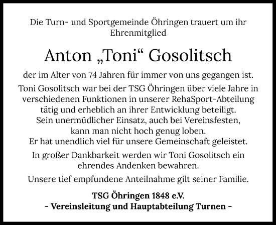 Traueranzeige von Anton Gosolitsch von GESAMT