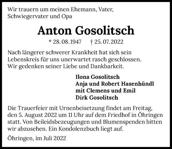 Traueranzeige von Anton Gosolitsch von GESAMT