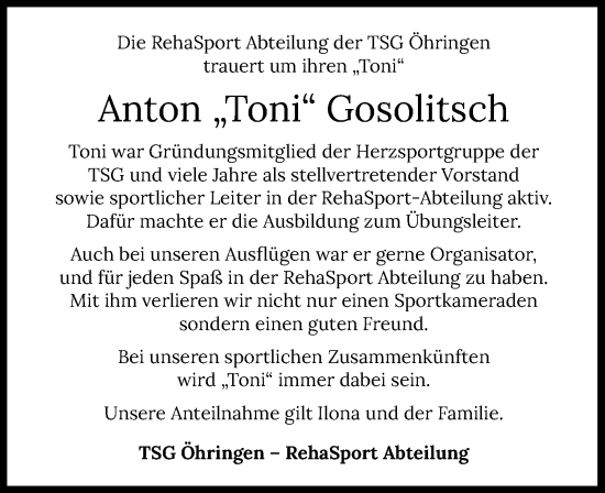 Traueranzeige von Anton Gosolitsch von GESAMT