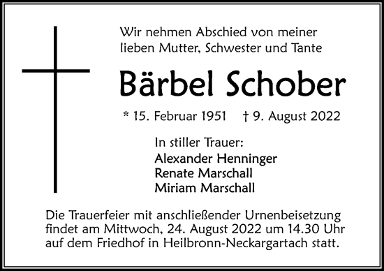 Traueranzeige von Bärbel Schober von GESAMT