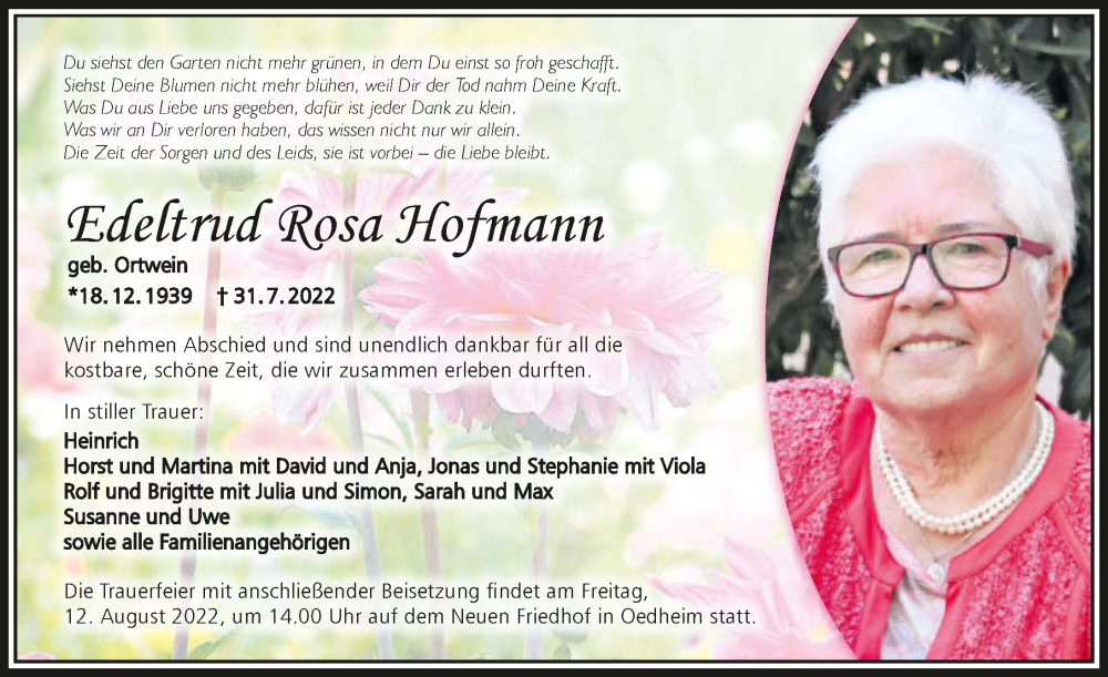  Traueranzeige für Edeltrud Rosa Hofmann vom 06.08.2022 aus GESAMT