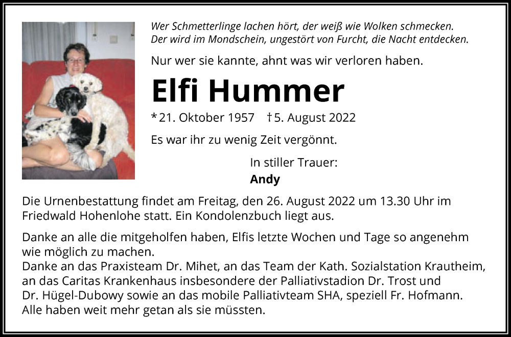  Traueranzeige für Elfi Hummer vom 24.08.2022 aus GESAMT