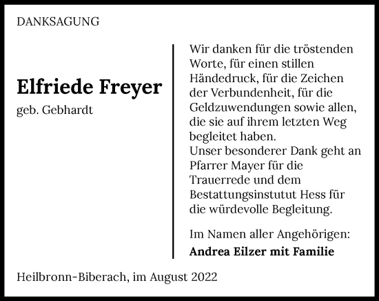 Traueranzeige von Elfriede Freyer von GESAMT