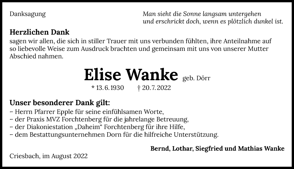  Traueranzeige für Elise Wanke vom 27.08.2022 aus GESAMT