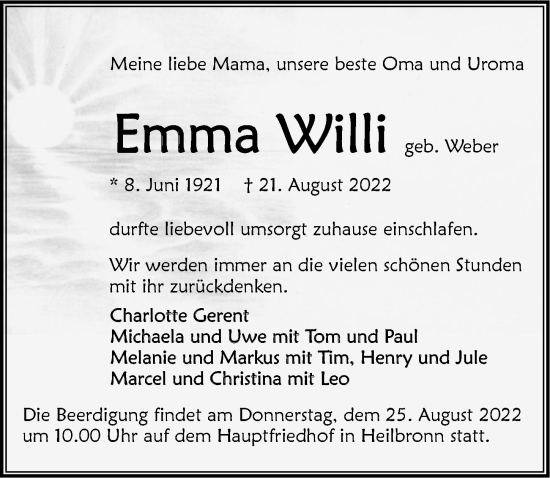 Traueranzeige von Emma Willi von GESAMT