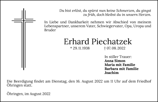 Traueranzeige von Erhard Piechatzek von GESAMT