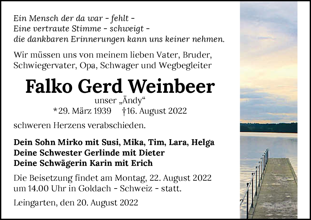  Traueranzeige für Falko Gerd Weinbeer vom 20.08.2022 aus GESAMT