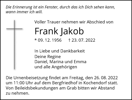 Traueranzeige von Frank Jakob von GESAMT