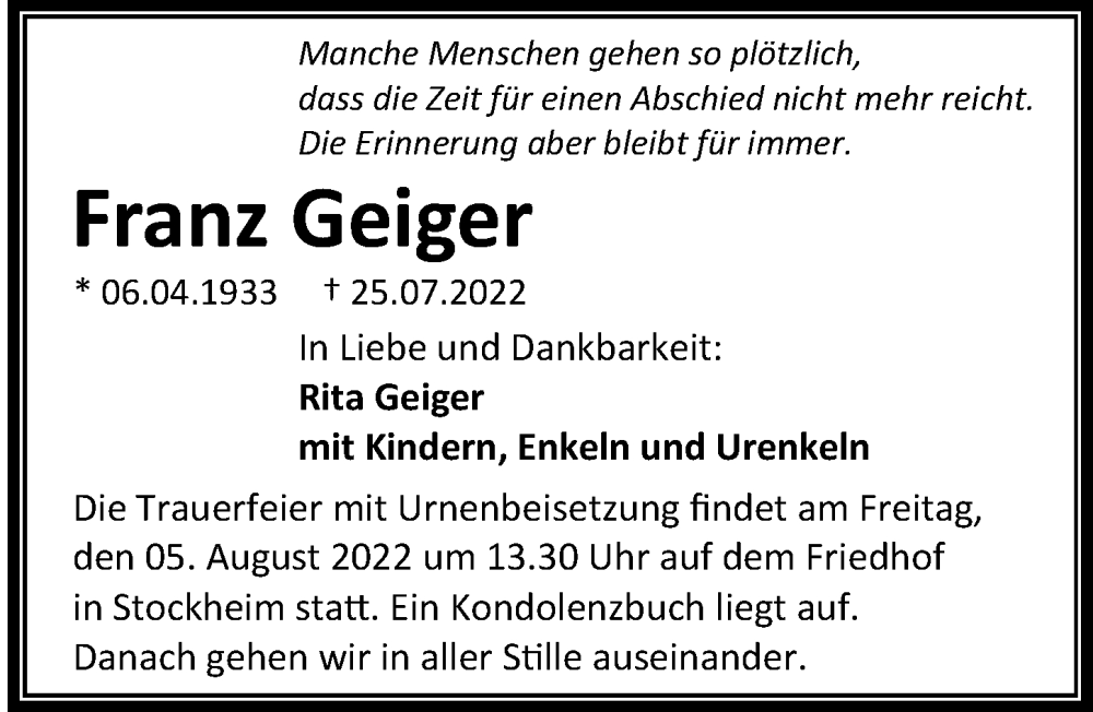  Traueranzeige für Franz Geiger vom 03.08.2022 aus GESAMT