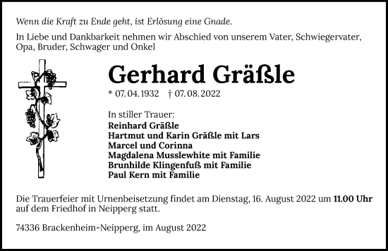 Traueranzeige von Gerhard Gräßle von GESAMT
