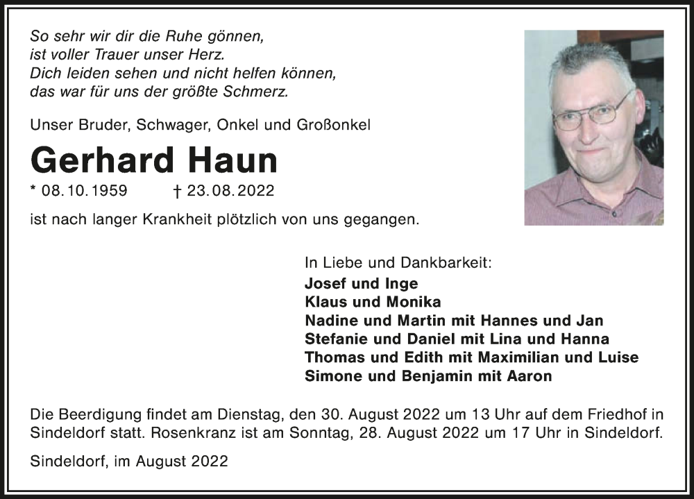  Traueranzeige für Gerhard Haun vom 27.08.2022 aus GESAMT