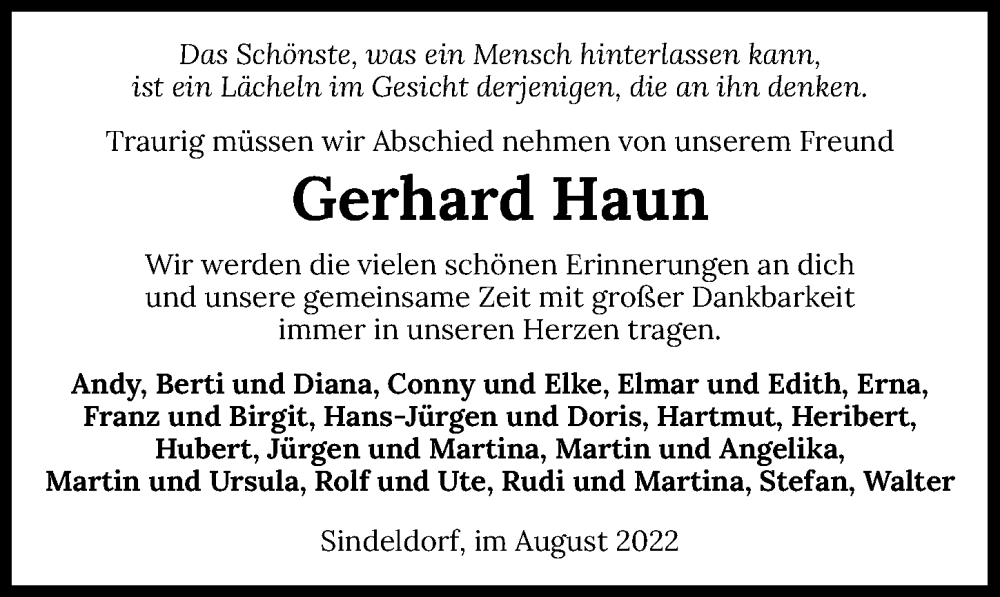  Traueranzeige für Gerhard Haun vom 27.08.2022 aus GESAMT