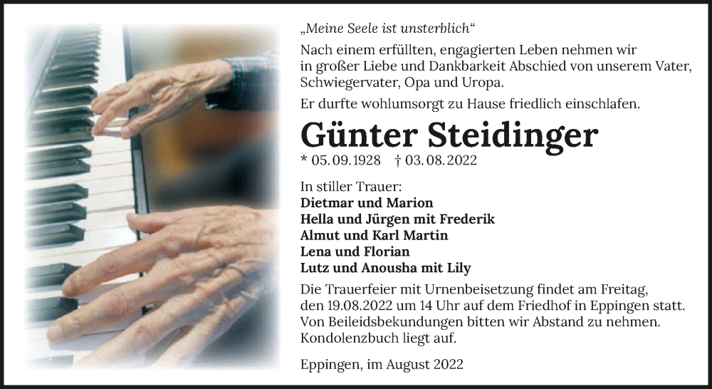 Traueranzeige für Günter Steidinger vom 16.08.2022 aus GESAMT