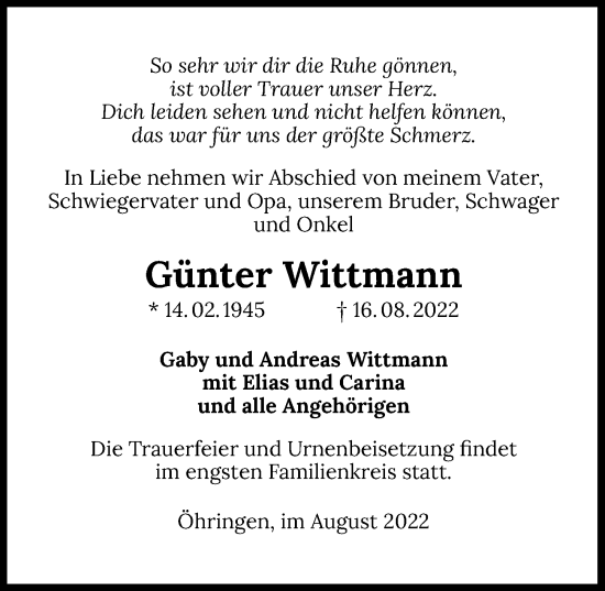 Traueranzeige von Günter Wittmann von GESAMT