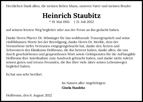 Traueranzeige von Heinrich Staubitz von GESAMT