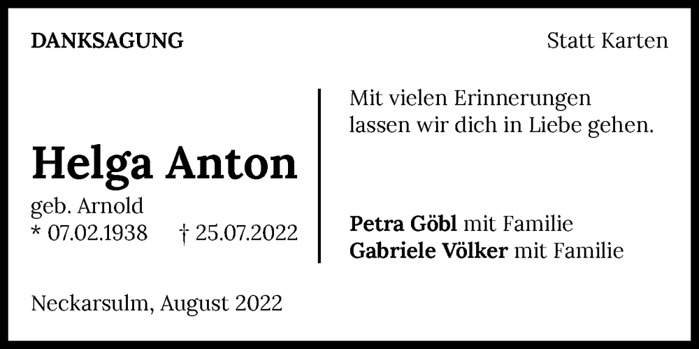  Traueranzeige für Helga Anton vom 16.08.2022 aus GESAMT