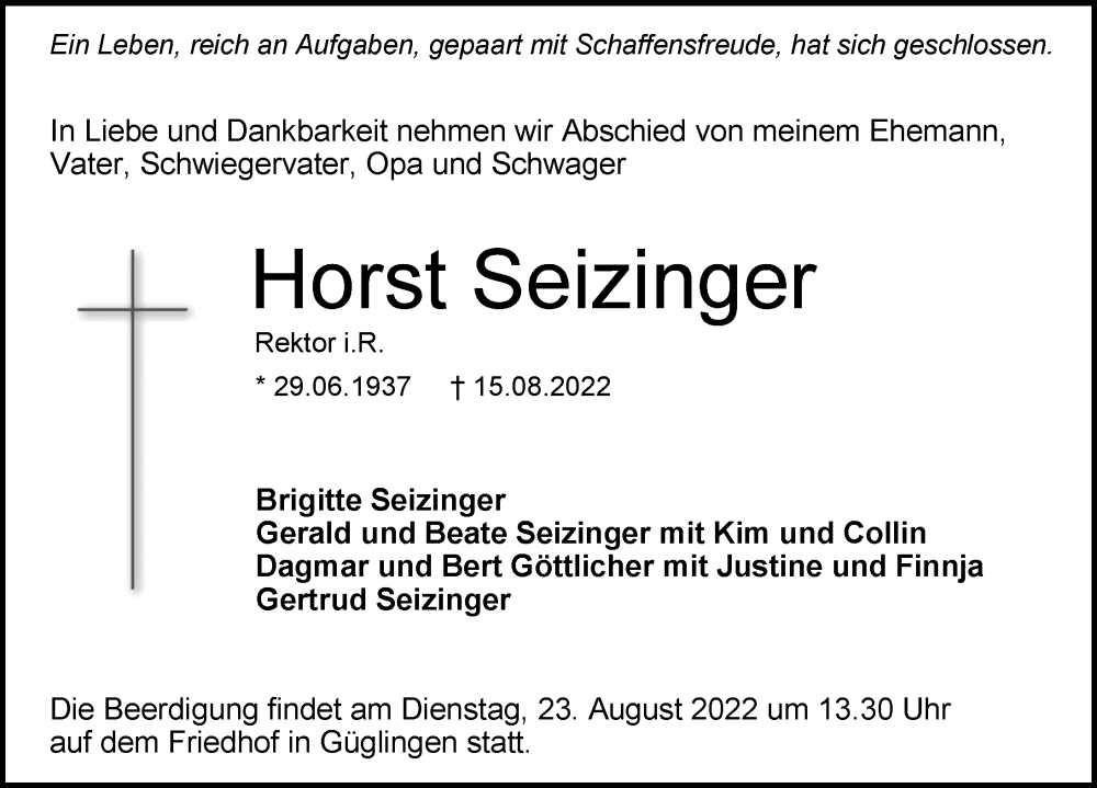  Traueranzeige für Horst Seizinger vom 20.08.2022 aus GESAMT