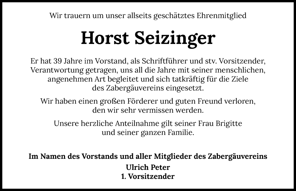  Traueranzeige für Horst Seizinger vom 20.08.2022 aus GESAMT