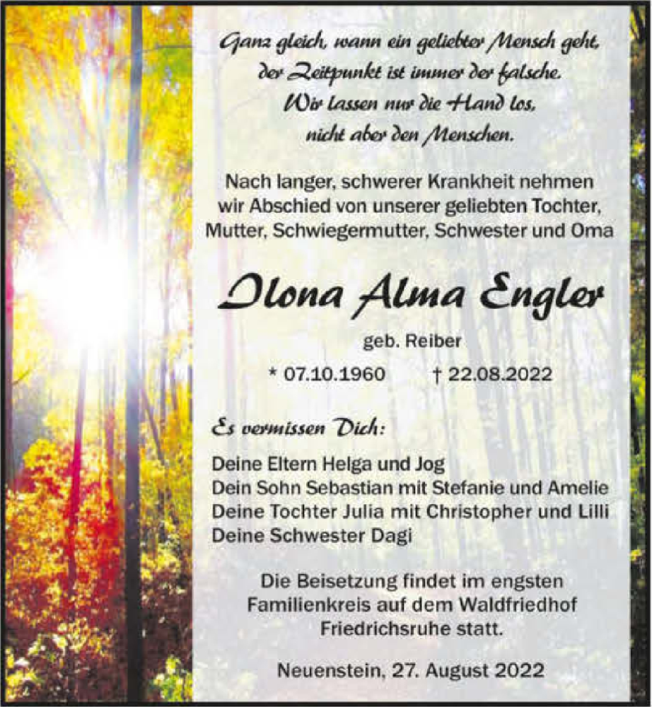  Traueranzeige für Ilona Alma Engler vom 27.08.2022 aus GESAMT
