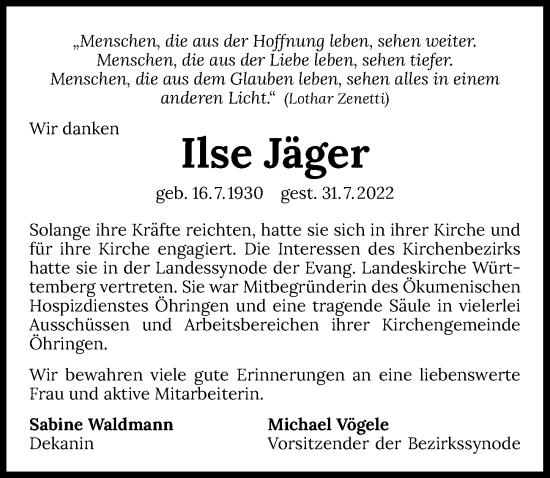 Traueranzeige von Ilse Jäger von GESAMT