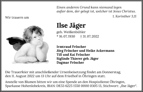 Traueranzeige von Ilse Jäger von GESAMT