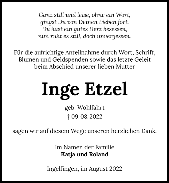 Traueranzeige von Inge Etzel von GESAMT