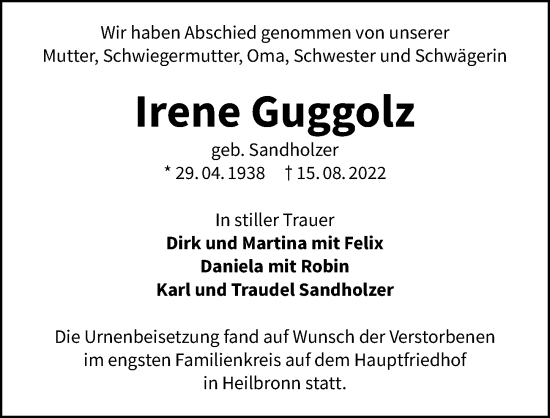 Traueranzeige von Irene Guggolz von GESAMT