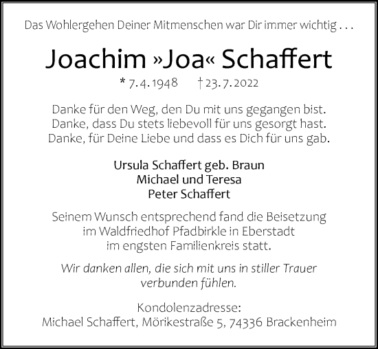 Traueranzeige von Joachim Schaffert von GESAMT