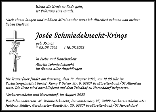 Traueranzeige von Joseè Schmiedeknecht-Krings von GESAMT