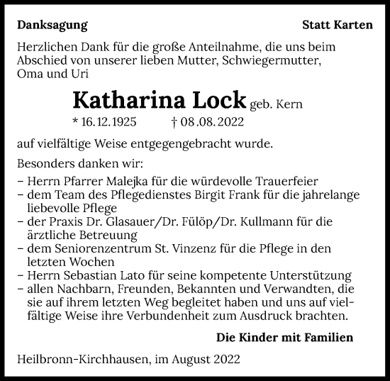 Traueranzeige von Katharina Lock von GESAMT