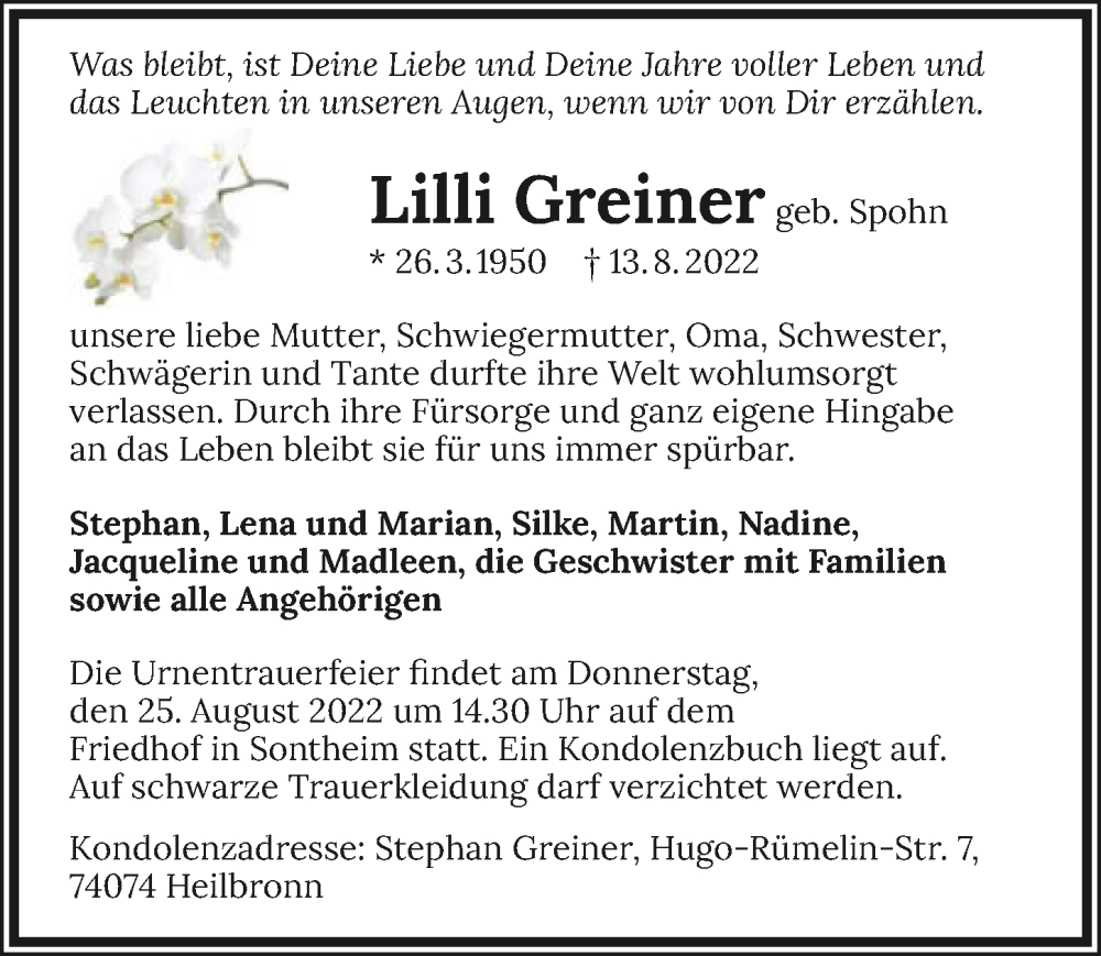  Traueranzeige für Lilli Greiner vom 23.08.2022 aus GESAMT