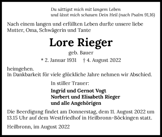 Traueranzeige von Lore Rieger von GESAMT