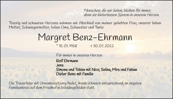 Traueranzeige von Margret Benz-Ehrmann von GESAMT