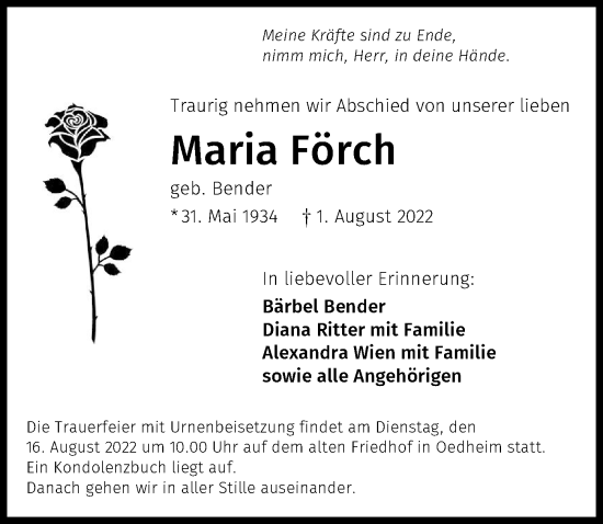 Traueranzeige von Maria Förch von GESAMT