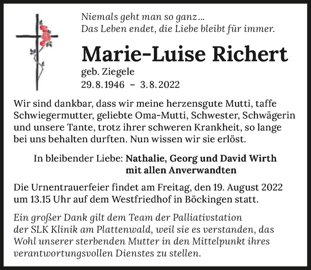  Traueranzeige für Marie-Luise Richert vom 12.08.2022 aus GESAMT