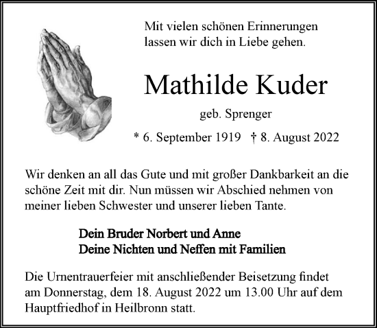 Traueranzeige von Mathilde Kuder von GESAMT