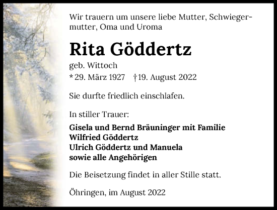 Traueranzeige von Rita Göddertz von GESAMT