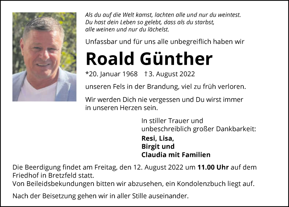  Traueranzeige für Roald Günther vom 10.08.2022 aus GESAMT