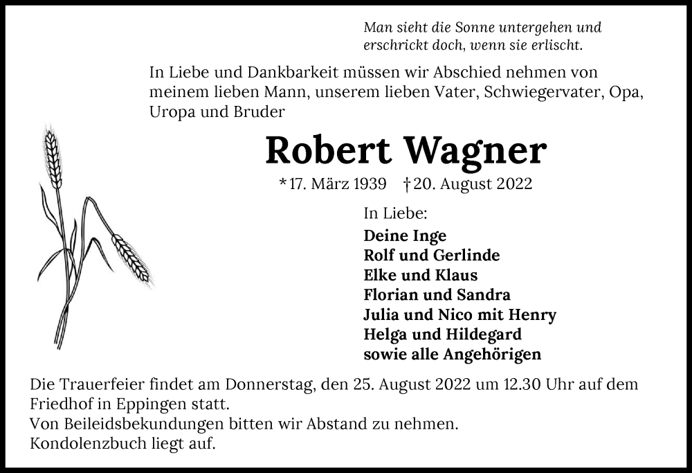  Traueranzeige für Robert Wagner vom 23.08.2022 aus GESAMT