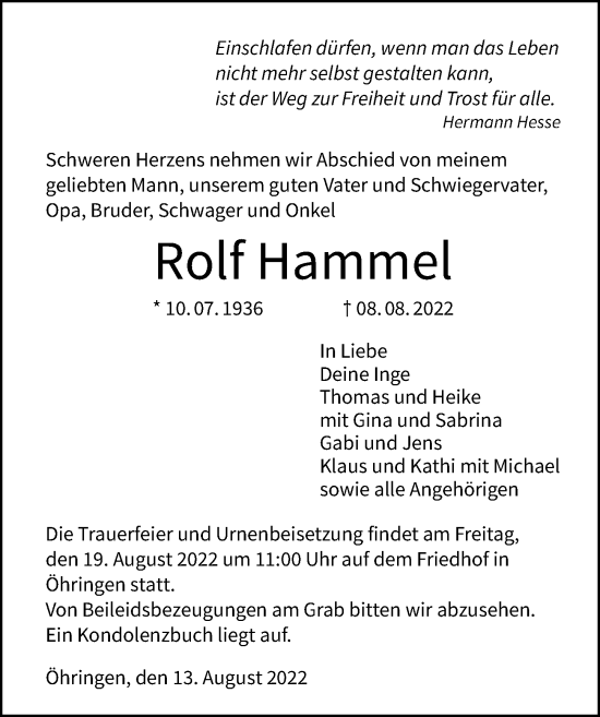 Traueranzeige von Rolf Hammel von GESAMT