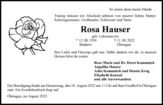 Traueranzeige von Rosa Hauser von GESAMT