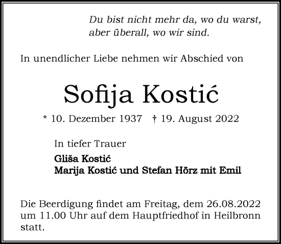 Traueranzeige von Sofija Kostic von GESAMT