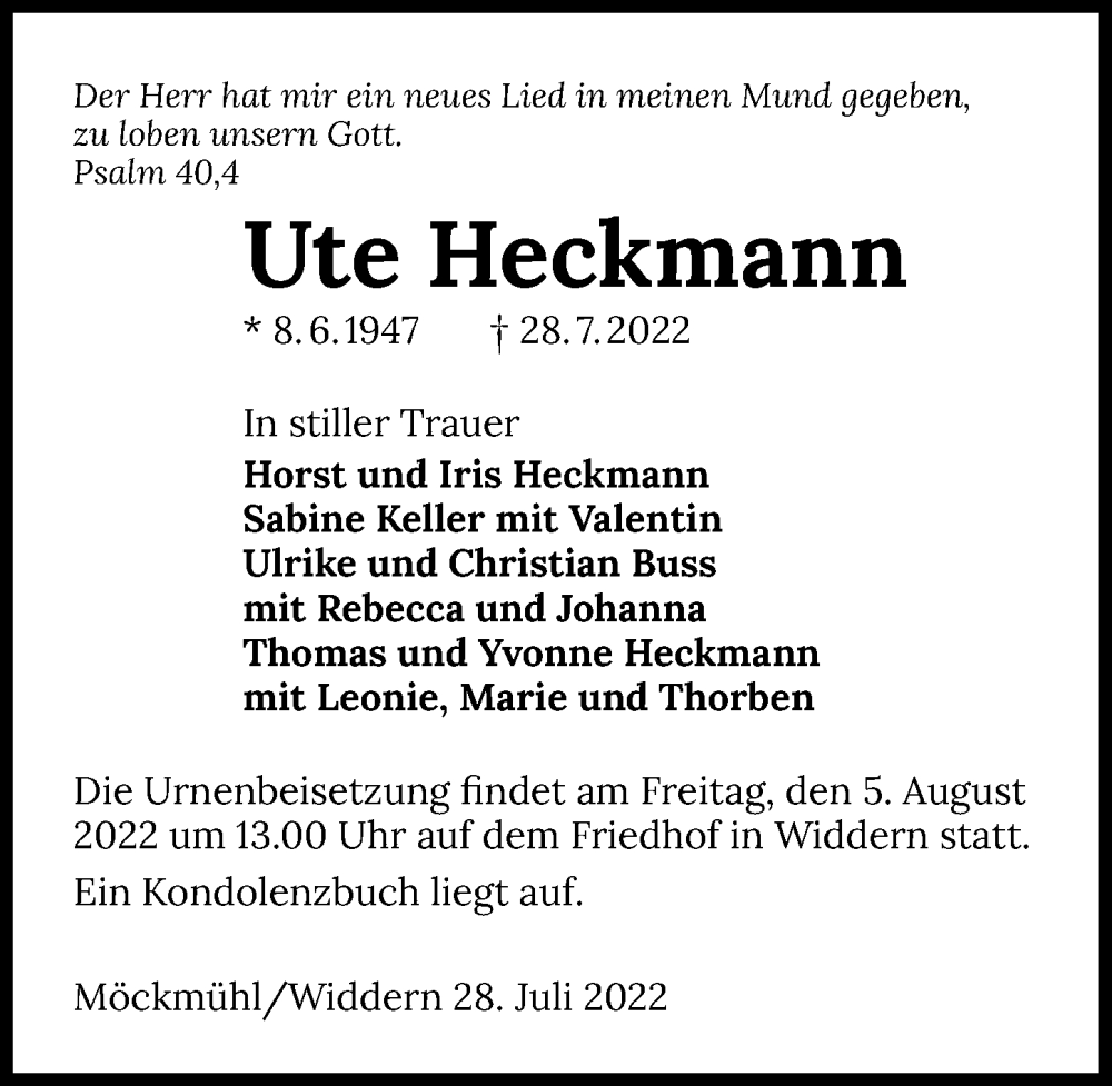  Traueranzeige für Ute Heckmann vom 03.08.2022 aus GESAMT